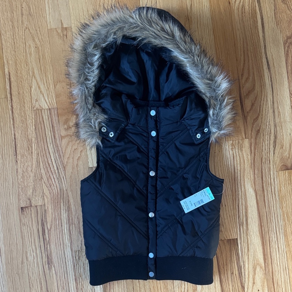 CRB Girl Black Hooded Vest with Faux Fur Trim